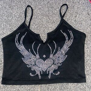 ROMWE x SHEIN black rhinestone heart cropped tank top